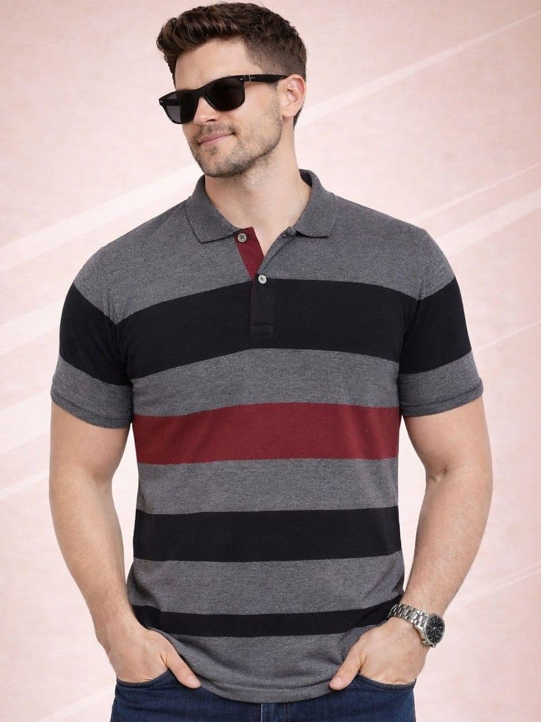 Austin wood Men Striped Polo Collar T-shirt