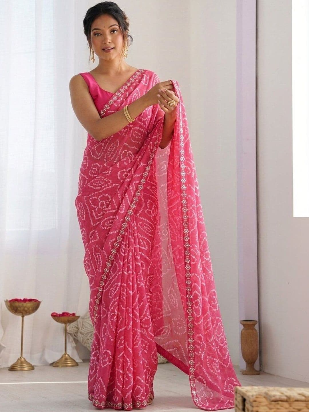 HERE&NOW Bandhani Sequinned Poly Georgette Saree