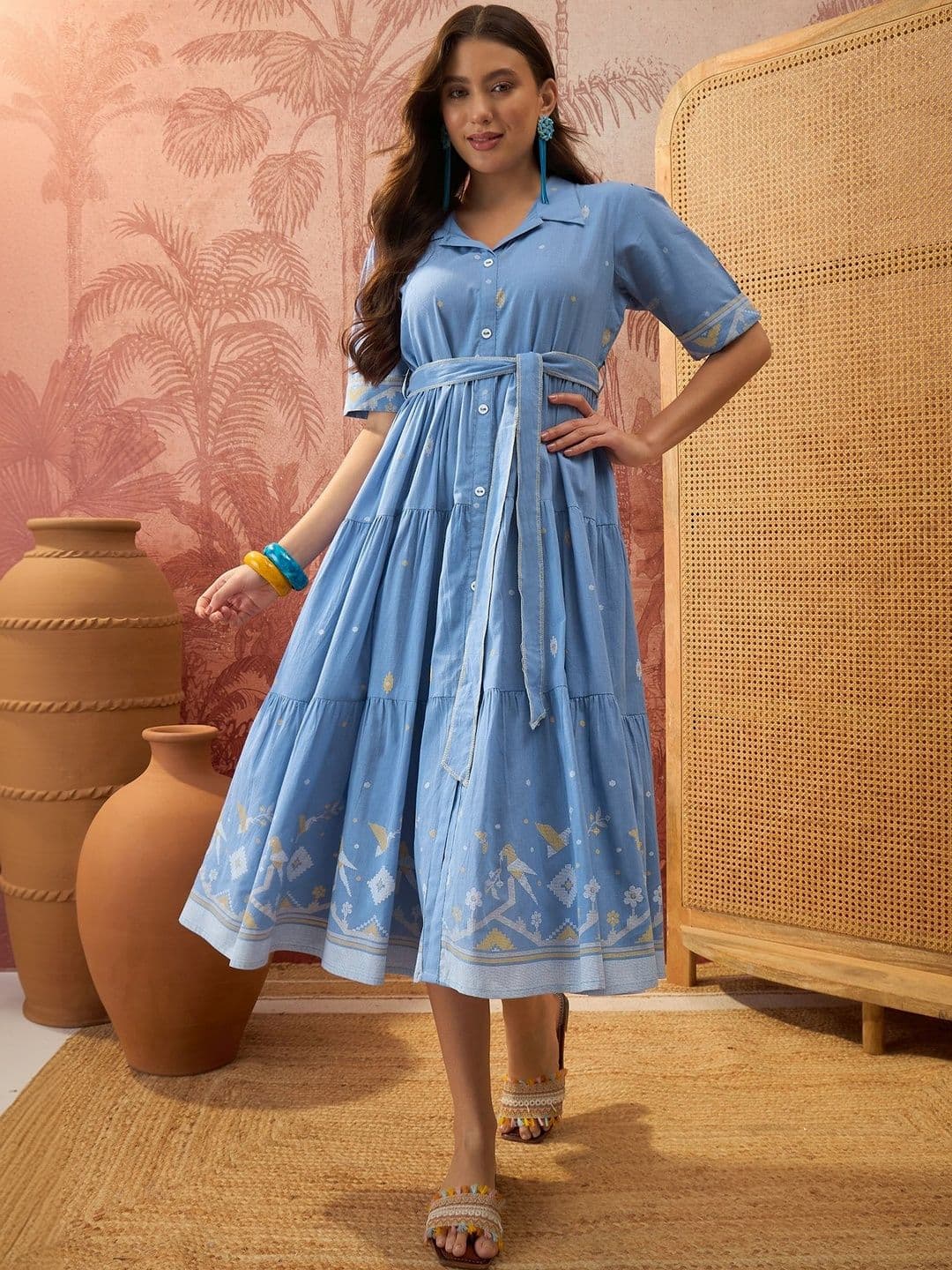 Sangria Printed Cotton Shirt Collar A-Line Midi Tiered Dress