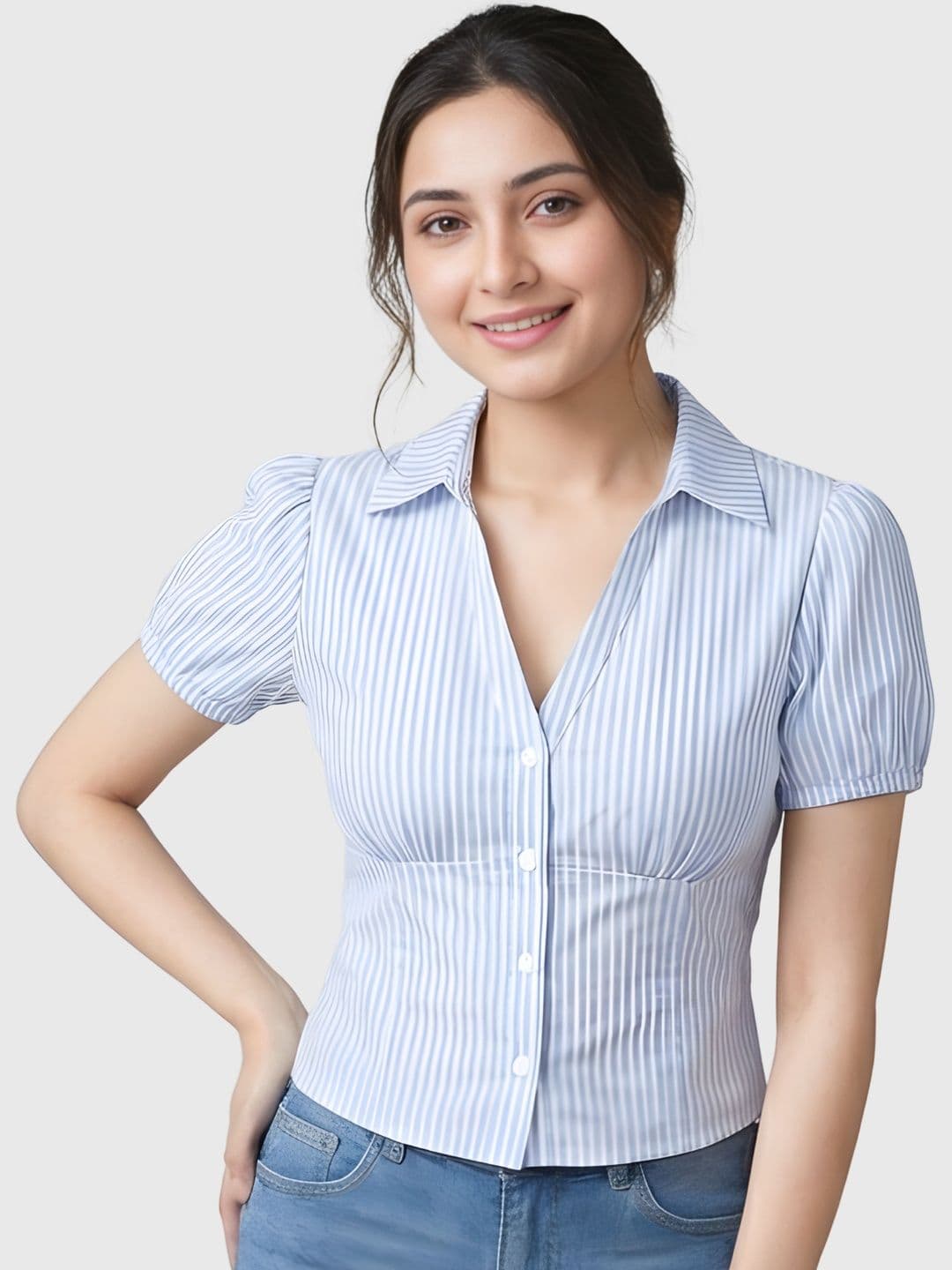 EZLIA Striped Puff Sleeve Top