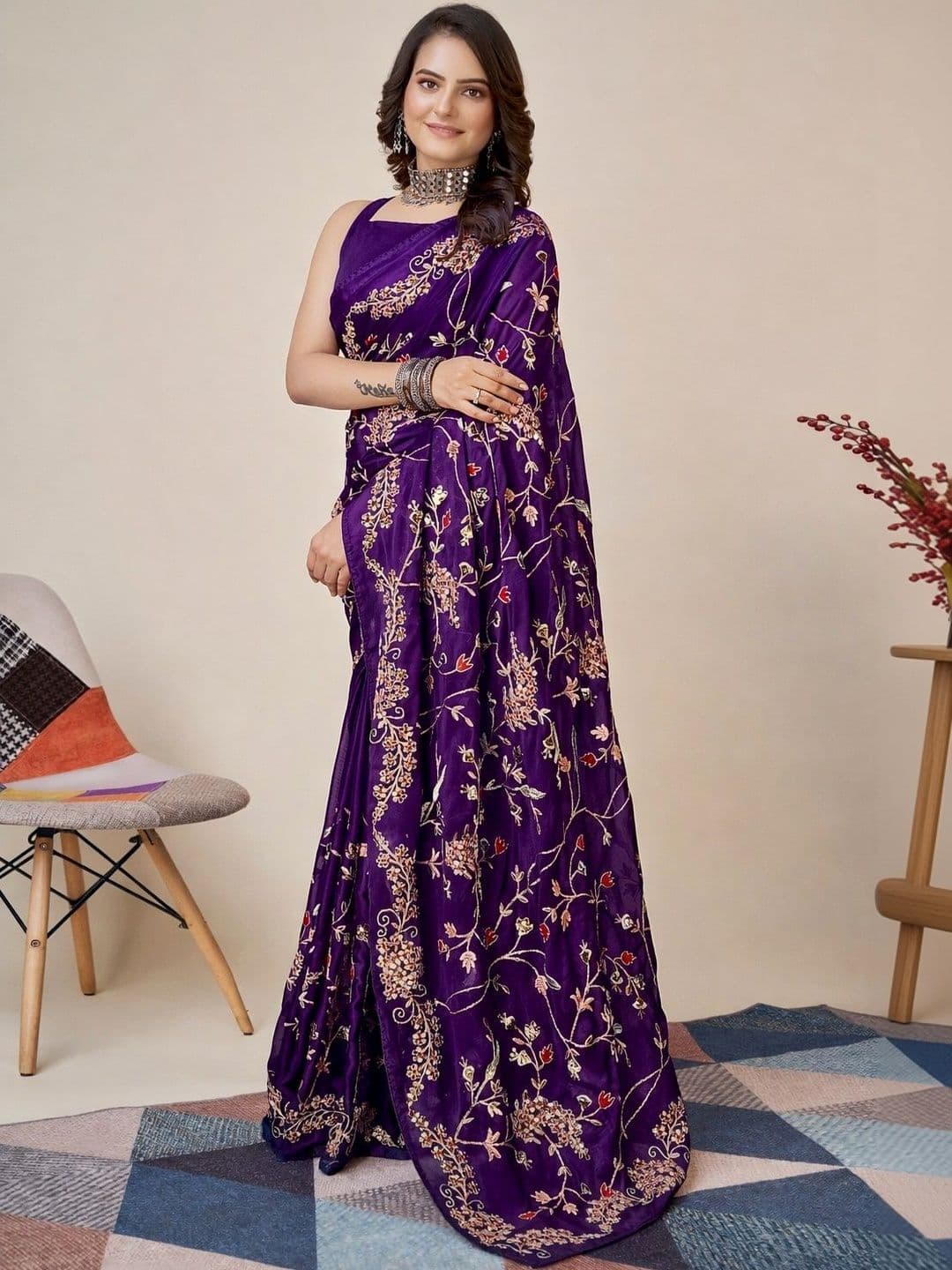 HERE&NOW Floral Embroidered Heavy Work Saree