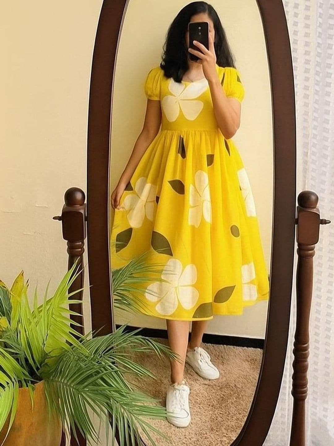 KI STUDIO Floral Print Puff Sleeve Georgette Fit & Flare Dress