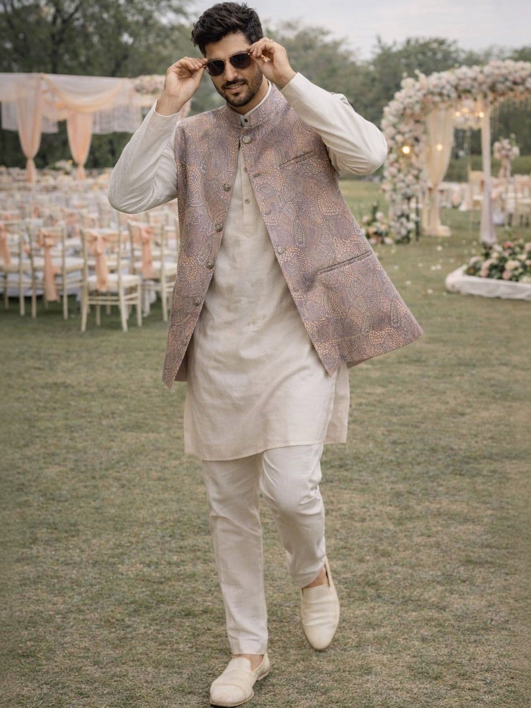 House of Pataudi Woven Design Woven Nehru Jackets