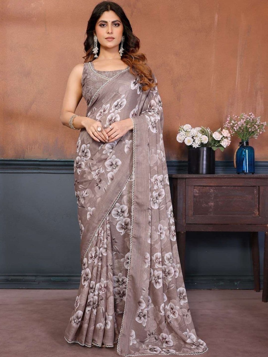 Sangria Floral Printed Pure Georgette Sarees With Unstitched Blouse Piece