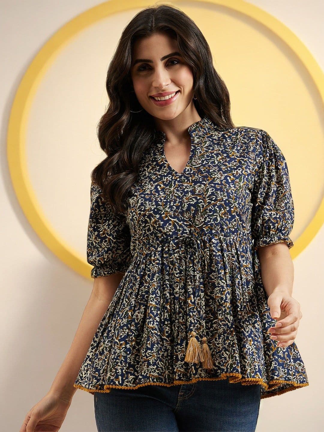 Azira Floral Print Mandarin Collar Puff Sleeve Cotton Peplum Top