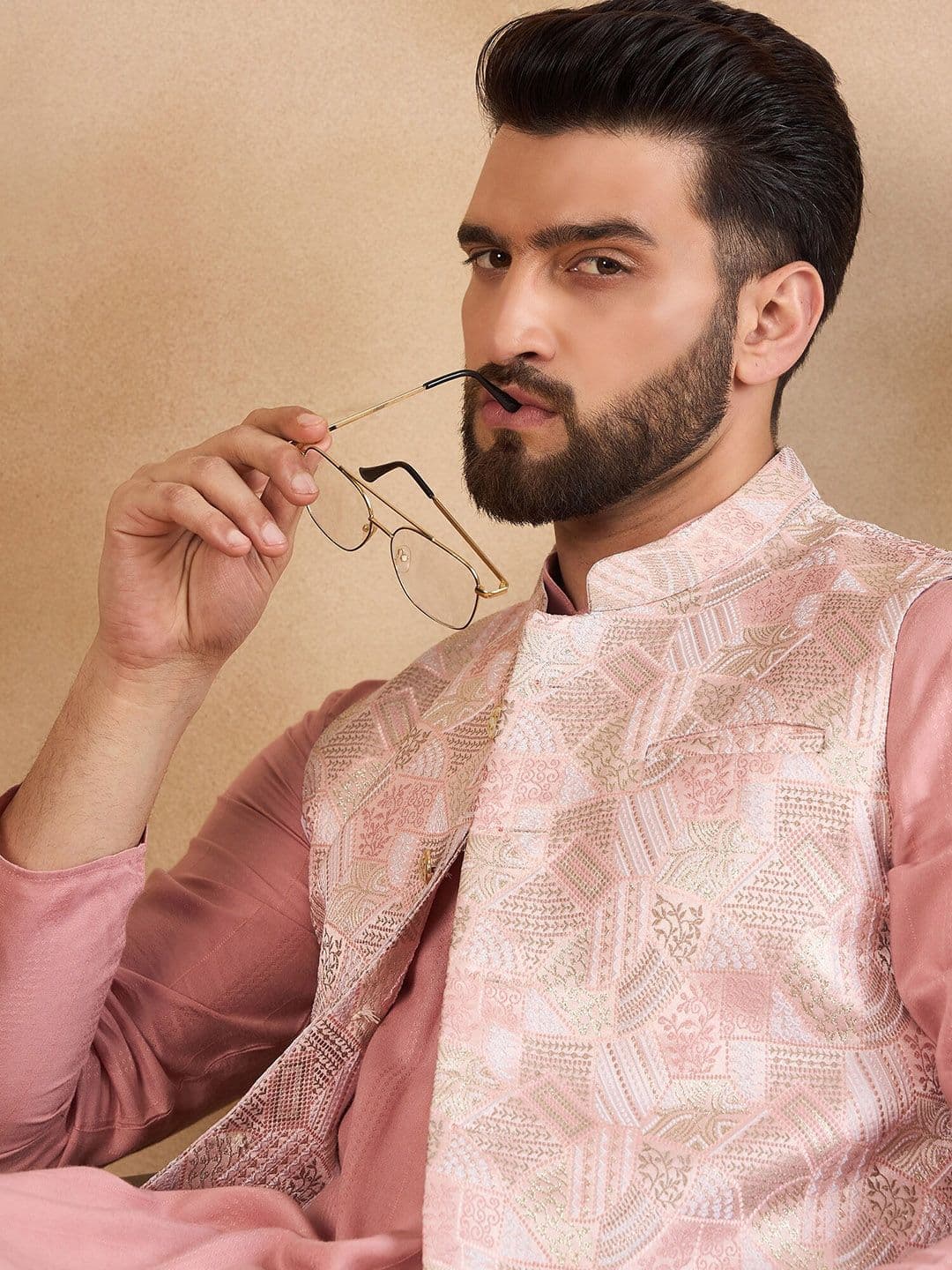 House of Pataudi Woven Design Mandarin Collar Nehru Jackets