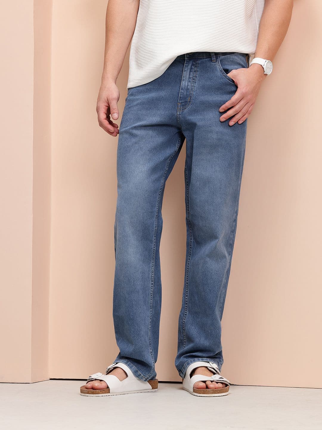 Mast & Harbour Men Straight Fit Mid-Rise Stretchable Jeans