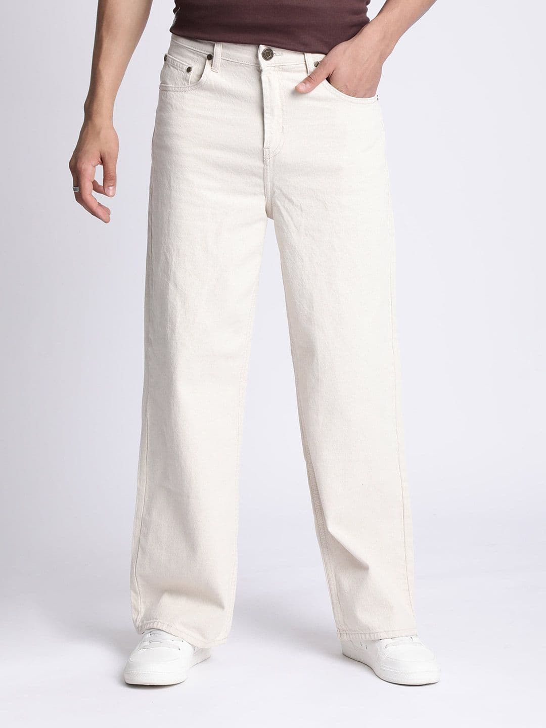 Bene Kleed Men Ecru Wide Leg Mid Rise Jeans