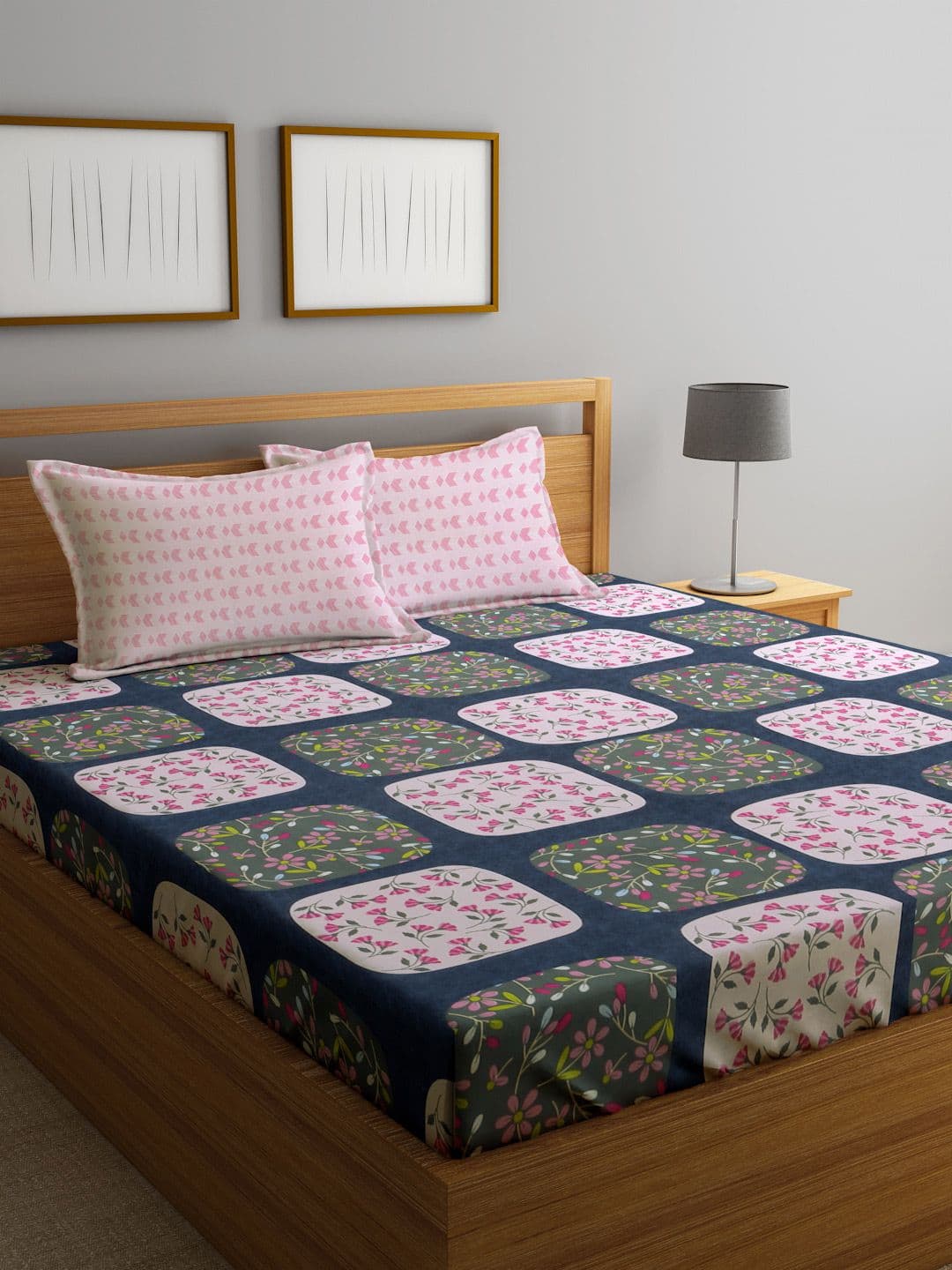 Myntra Elegant Homes Navy Blue Floral Cotton 300 TC Fitted King Fine Bedsheet with 2 Pillow Covers-98 x 89 inches