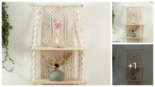 Urhan Hanging Shelf | Macrame Wall Hanging Shelf | Living Room Wall Decor | Sustainable Floating Macrame Wooden Shelf | Macrame Shelf for Hanging Plant(White)