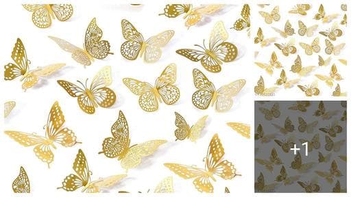 12pcs 3D Metallic Finish Home Decor Butterflys with Sticking Pads - Metallic Butterflys Decorations Party 3D Butterflys Wall Stickers (Golden-Set of 12)