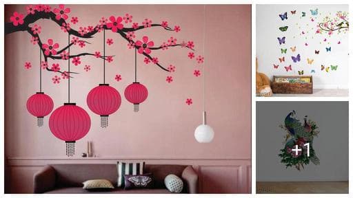 Decor Villa diwali special branches and Lamps flowers sticker big size wall sticker for Home Office etc