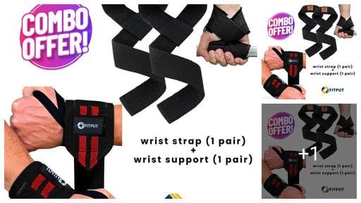 Combo Wrist Strap (1 Pair) + Wrist Support (1 Pair) for Gym, Weightlifting, Workout, Powerlifting, Deadlift, Fitness, Crossfit, Hand Grip, Wrist Wraps & Training Accessories for Men & Women