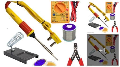 Aldeco (6 Tools Kit) Digital Multimeter with 25w Soldering Iron, Soldering Wire & more helping essentials(Ohm Resistance, Diode, Transistor, Continuity, LCD Display, Portable Voltmeter for Electronics