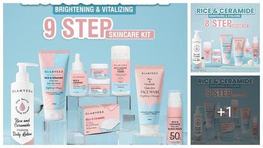 Glamveda Korean Rice & Ceramide 9 Step Skincare Routine For Women & Men | Face wash, Peel Off Mask, Toner, Serum, Under eye Cream, Moisturizer, Sunscreen, Body Lotion & Soap | Skin Brightening | Perfe