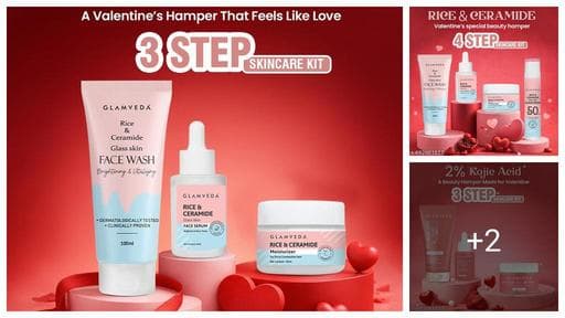 Glamveda Valentine Special Rice & Ceramide 4 Step Kit Skincare Gift Set for Women | Rice & Ceramide Face Wash, Serum, Moisturizer & Sunscreen | Glowing & Hydrated Skin Care | Best Valentine Gift for