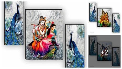 SAF Set of 3 Radha Krishna with Couple Peacock UV Textured Home Decorative Gift Item Self Adeshive Painting 12 inch x 18 inch