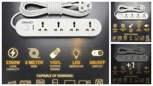2500 Watt Extension Board | 4 Universal Sockets | Pure Copper Wiring | 3-Meter Wire | LED Indicator | On/Off Switch | 3-Pin Plug | White | Pack of 1