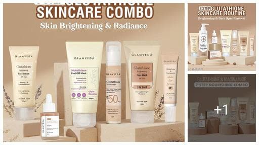 Glamveda Glutathione 8-Step Skincare Kit Skin Brightening & Glow Boosting | Face Wash, Peel-Off Mask, Serum, Face Cream, Sunscreen, Under Eye Cream, Bath Soap & Body Lotion | for Even Toned Radiant S