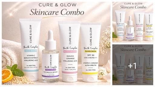 Cure & Glow Youth Complex Skincare Combo – Face Wash, Serum, Moisturizer & Sunscreen SPF 50 | Filled with Bakuchi and Vitamins | for a gentler, smoother and clearer skin