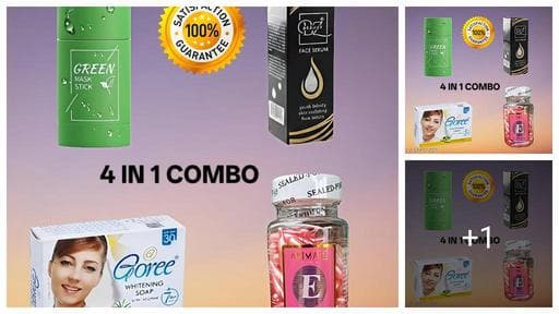 "Ultimate 4-in-1 Skin Transformation & Brightening Combo: Deep Cleansing Green Maskk Stickk, Radiant Face Serum, Original Goree Whitening Soap & Animate Vitamin E Facial Essence Capsuless for Flawles
