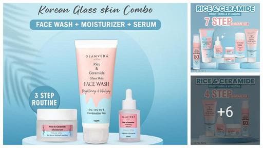 Glamveda Korean Glass Skin Rice & Ceramide 7-Step Skincare Kit | Complete Glow-Boosting Routine with Face Wash, Peel Off Mask, Toner, Serum, Moisturizer, Sunscreen & Under Eye Cream | Premium Gift Set