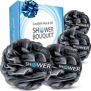 Loofah Charcoal Bath Sponge XL 75g Set by Shower Bouquet: 4 Pack, Extra Large Mesh Pouf Soft Scrubber for Men and Women - Exfoliate with Big Black & White Gentle Cleanse in Beauty Bathing Accessories
